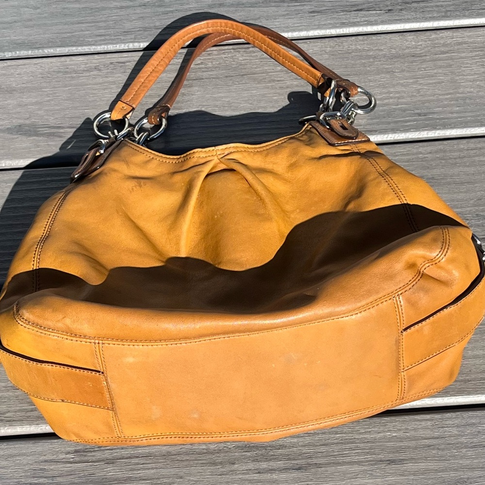 Coach; Golden Brown Leather Hobo Bag; 3 Section; Burgundy Interior; Duel Handles - Picture 15 of 16